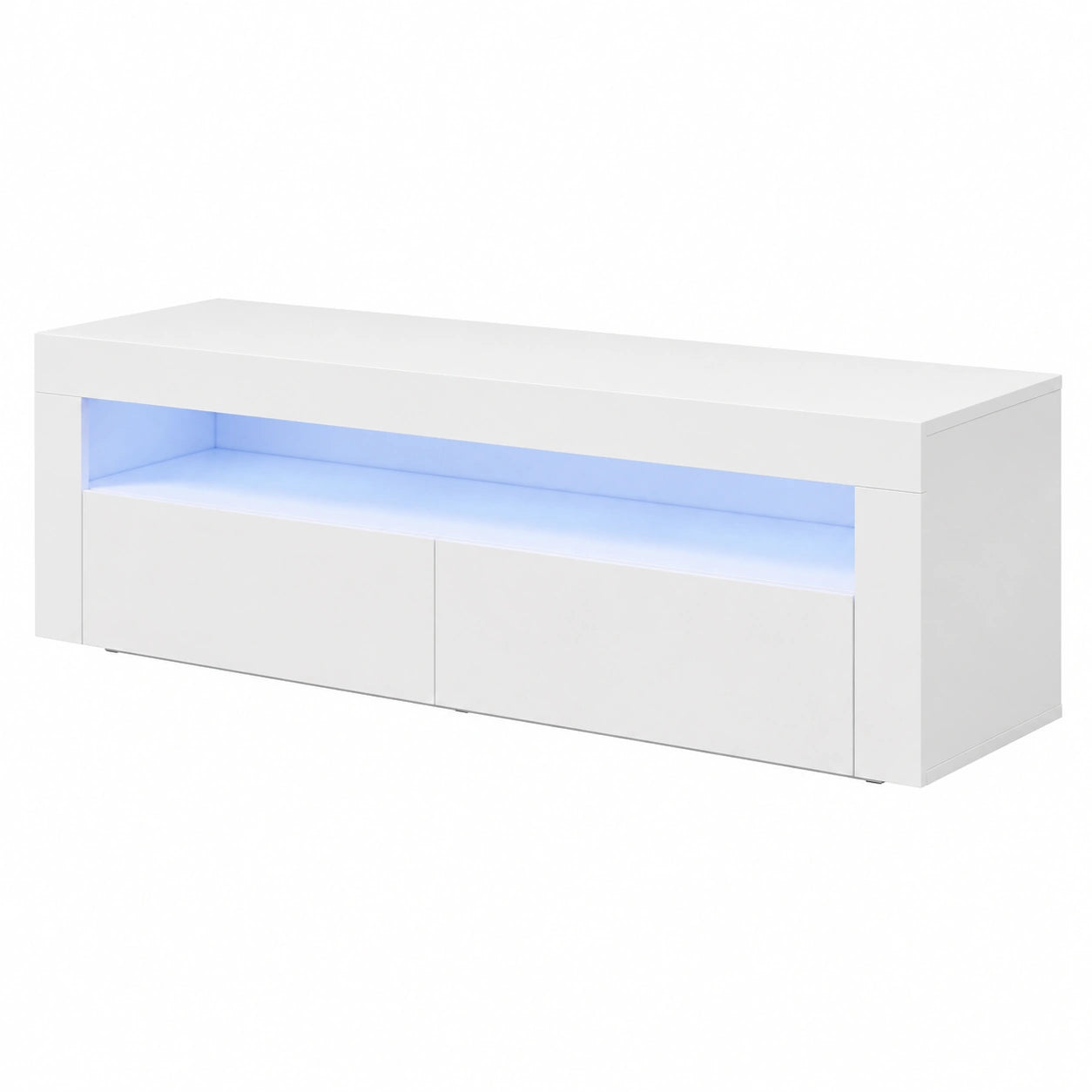 Meuble TV, réglable, avec portes, avec éclairage LED, coloris blanc, 155 x 40 x 45 cm, pour le salon