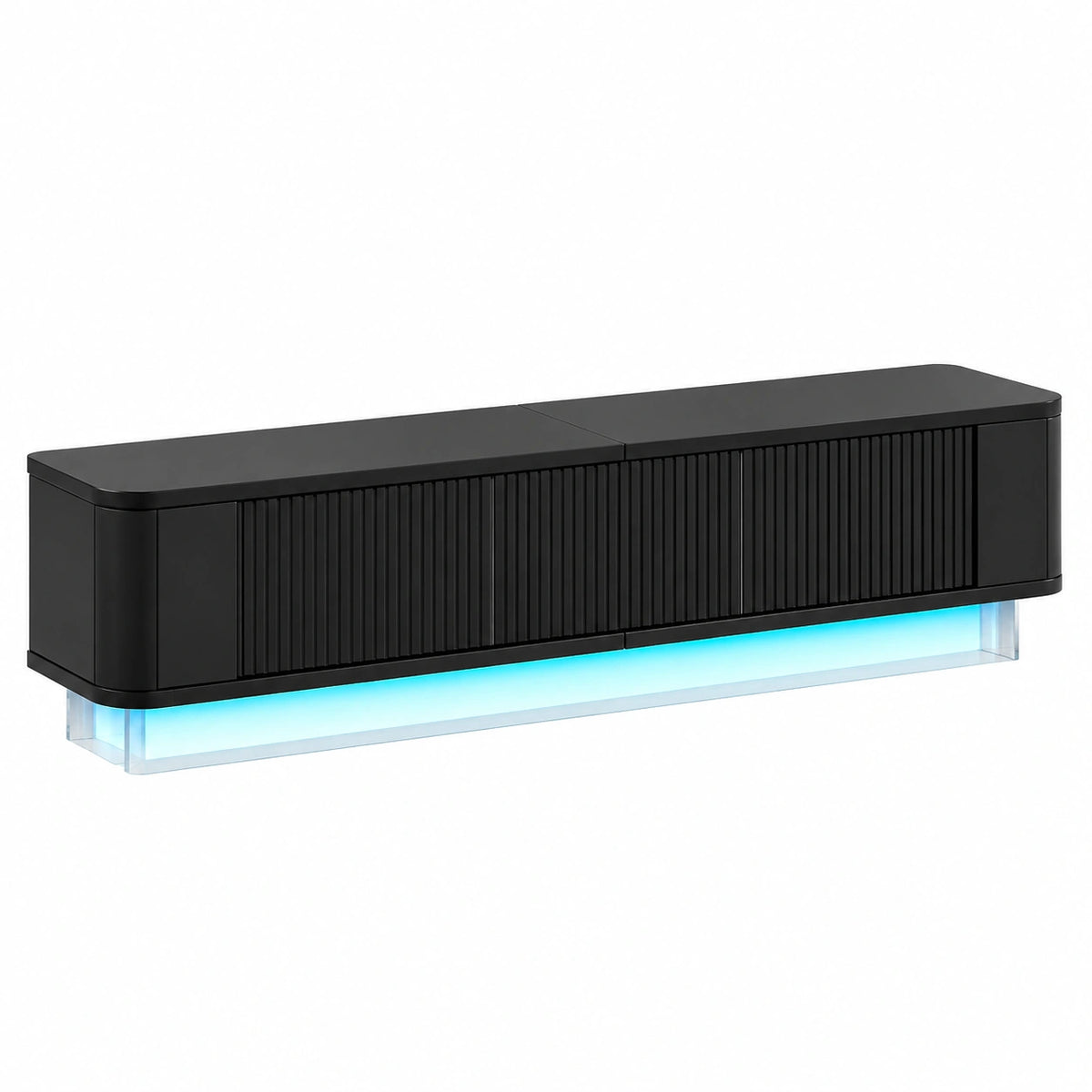 Meuble TV, avec rangement, avec étagères, avec éclairage LED, coloris noir, pour le salon
